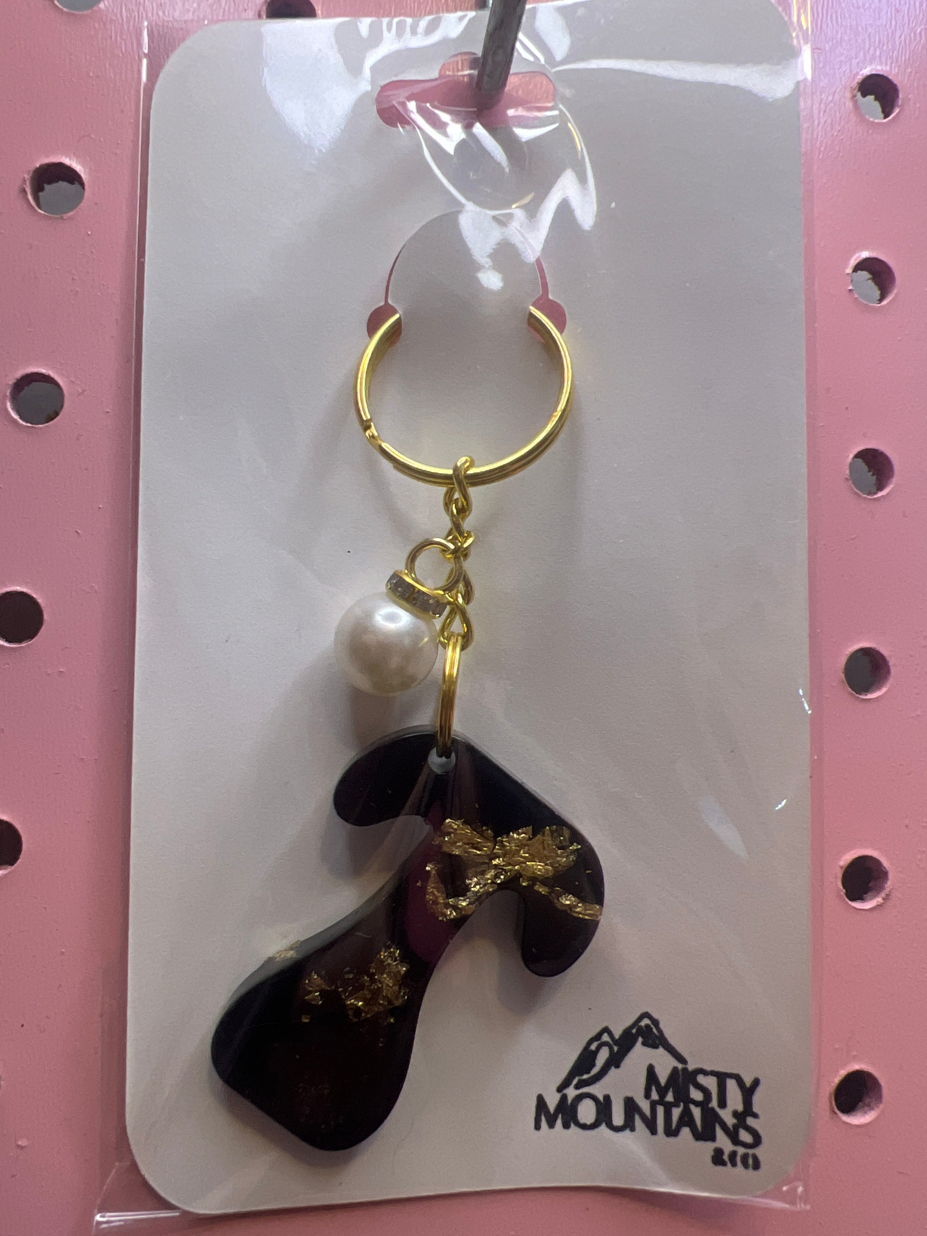 Black and Gold Keychain with Pearl Charm